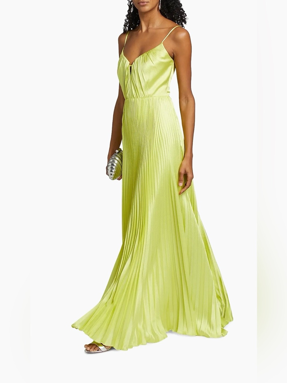 As It May Perle Pleated Gown in Citrus Lime Green Satin Maxi Dress